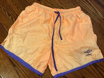 Vintage 80 s Umbro USA Made Nylon Orange Purple Soccer Logo Drawstring Shorts M