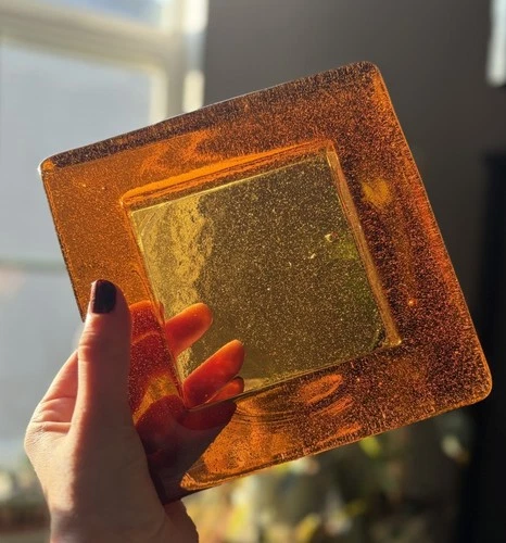 Vintage MCM Blenko Style Amber Heavy Glass Square Ashtray