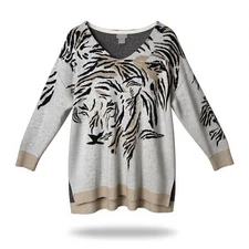 Chicos 2 Tiger Face Tunic Sweater Size L Cozy Knit Maximalist Statement Retro