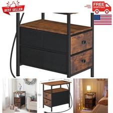 Compact Nightstand with USB Charging & Storage Drawers in Rustic Brown Finish