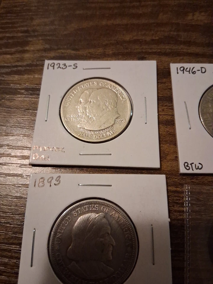 4 US Silver Comm Half Dollars. 1920 Pilgrim  1923 Monroe 1893 Colum 1946 BTW - Image 2 of 4