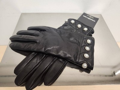 KARL LAGERFELD WOMENS MED BLACK LEATHER GLOVES PEARL TRIM
