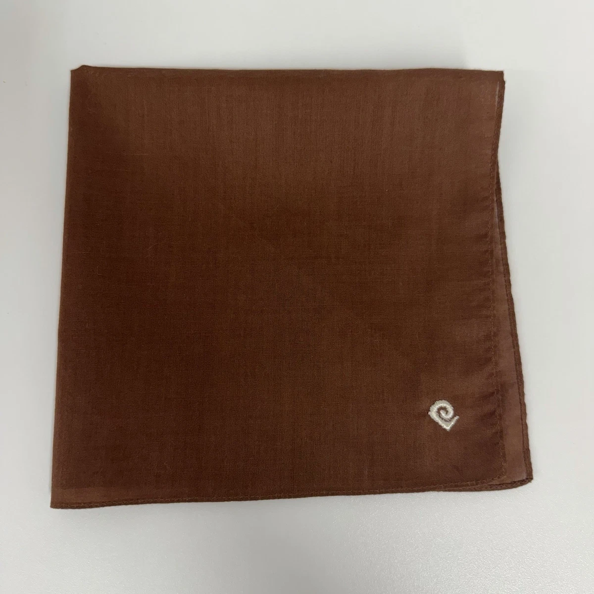 Vintage Men Pierre Cardin Pocket Square Brown Embroidered Logo 14 1/4" x 14 1/2"