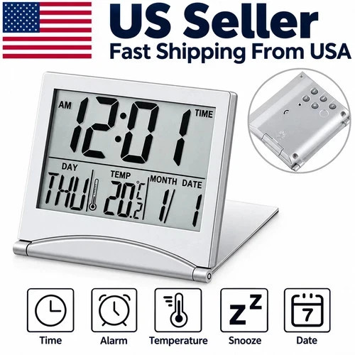 Digital Travel Alarm Clock Foldable Temperature LCD Clock Compact Desk Timer New