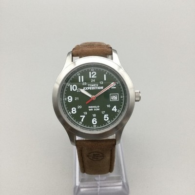 Timex Expedition Mens Watch 36mm Green Dial Leather Indiglo Date