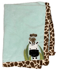 Lambs  Ivy Mint Green Zebra Monkey Giraffe Print Edging Baby Blanket 30x40