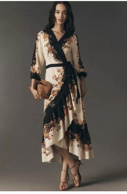 Farm Rio Anthropologie Long-Sleeve Wrap Midi Dress Size XS NWT Orange Floral