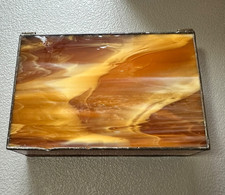 Vintage Amber Swirl Slag Glass Jewelry/Trinket Box Stained Glass Mirror Base
