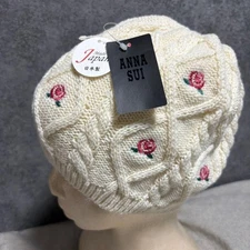 Anna Sui Knit Cap Hat Flowers Embroidery OffWhite