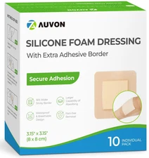 AUVON Silicone Foam Dressing with Large Adhesive Border, 3" X 3" 10 Packs Wound 