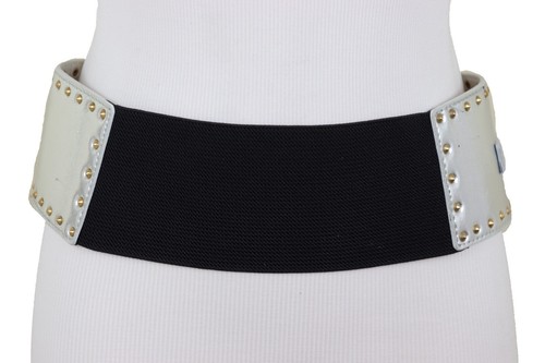 Damen Breiter Western Stretch Kunstleder Glänzend Silber Mode Gürtel Gold Nieten XS S - Bild 8 von 12