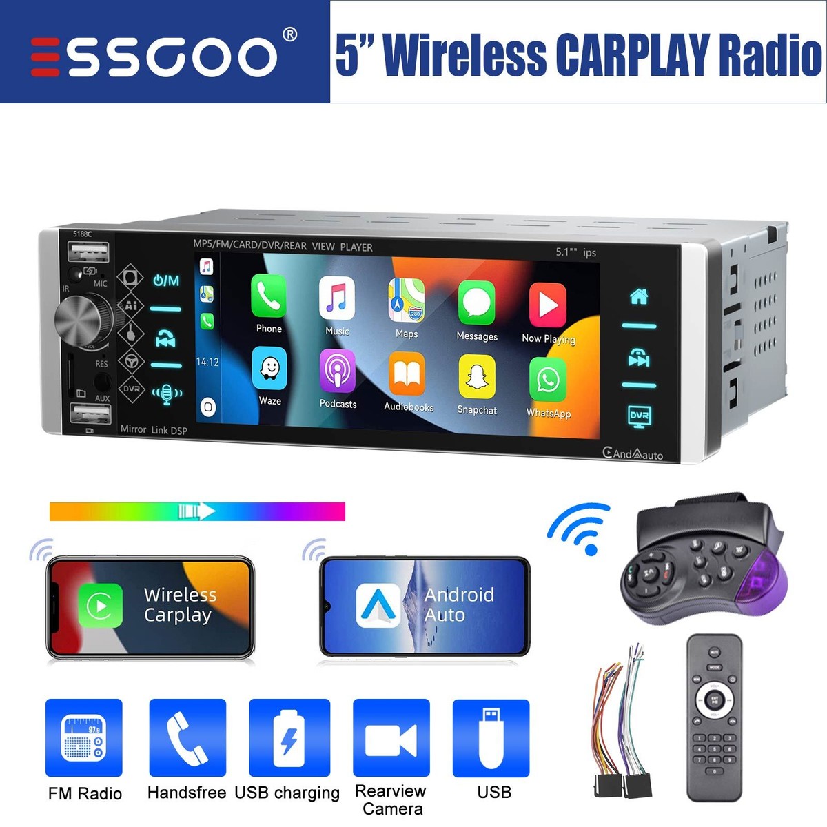 Inefala Carplay 1 DIN Wireless met 7-inch handmatig intrekbaar display, autoradio met Bluetooth 5.1, Android Auto Mirror Link, zevenkleuren AM/FM en USB/AUX/SWC achteruitrijcamera