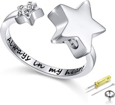 925 Sterling Silver Always in My Heart Star Open Cremation Urn Ring for Ashes
