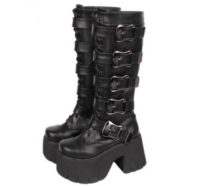 Womens Fashion Punk Gothic Round Toe Buckle Strap Lace Up Knee Boots High Heels