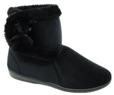 Slippers Booties Black Fluffy Fur Lined Comfort Lounge Indoor