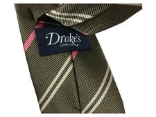 DRAKE’S LONDON Green/Pink/Ecru Striped Silk Lined Tie MADE IN ENGLAND