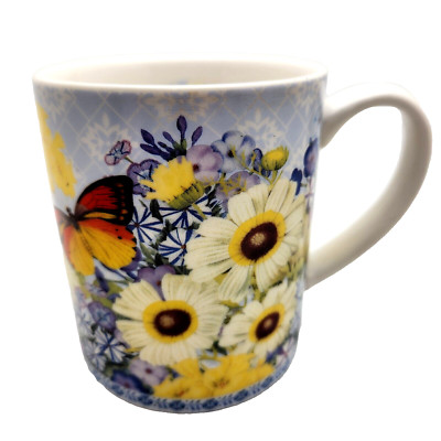 BOTANICAL GARDENS Coffee Mug Butterfly Flowers Daisies Artist Barbara Anderson 