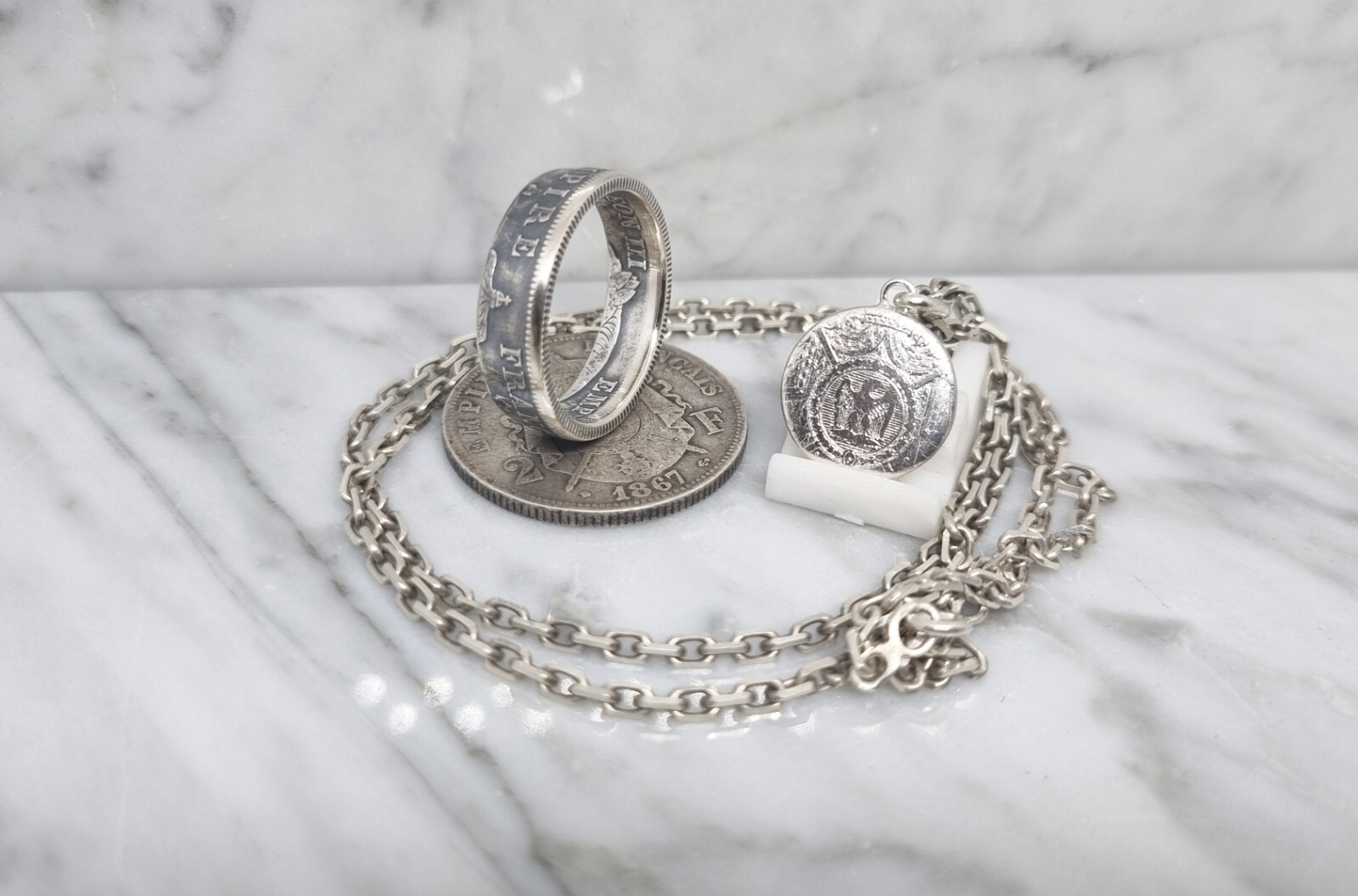 Bague pièce 2 Francs Napoléon III argent avec pendentif amovible, bijou numismatique homme