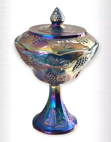 Vintage Harvest Grape Blue Indiana Carnival Glass 10" Compote Bowl with Lid