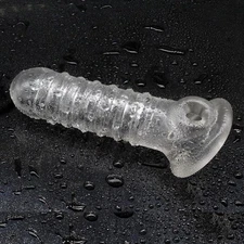 Ribbed Penis Sleeve with Ball Loop Reusable Condom 25% Girth 7.3"