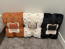 NWT Costco Halloween Faux Fur Throw Blanket Lot of 3 Ghost Cat Pumpkin