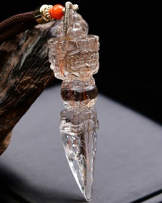 Natural Copper Rutilated Quartz Crystal 70mm Carved Pendant Skull Decor AAAAA+
