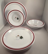 POTTERY BARN KIDS Holiday Melamine Plate & Bowl Set of 4 Snowman Christmas