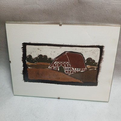 Altes Vintage Made In W. Germany Mini Stoffbild Gerahmt Bauernhof Idylle Unikat