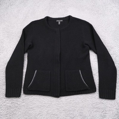 Eileen Fisher Full Zip Cardigan Womens XS Black Yak Merino Wool Leather Trim