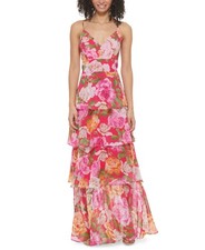 Eliza J Women's Floral-Print V-Neck Tiered Gown