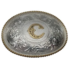 Montana Silversmiths Belt Buckle Columbus Montana "C" Silver Gold Tone $130 New!