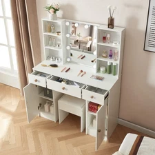 White Dressing Table NEW Vanity Makeup Desk 3 Drawers& Stool& LED Mirror Girl