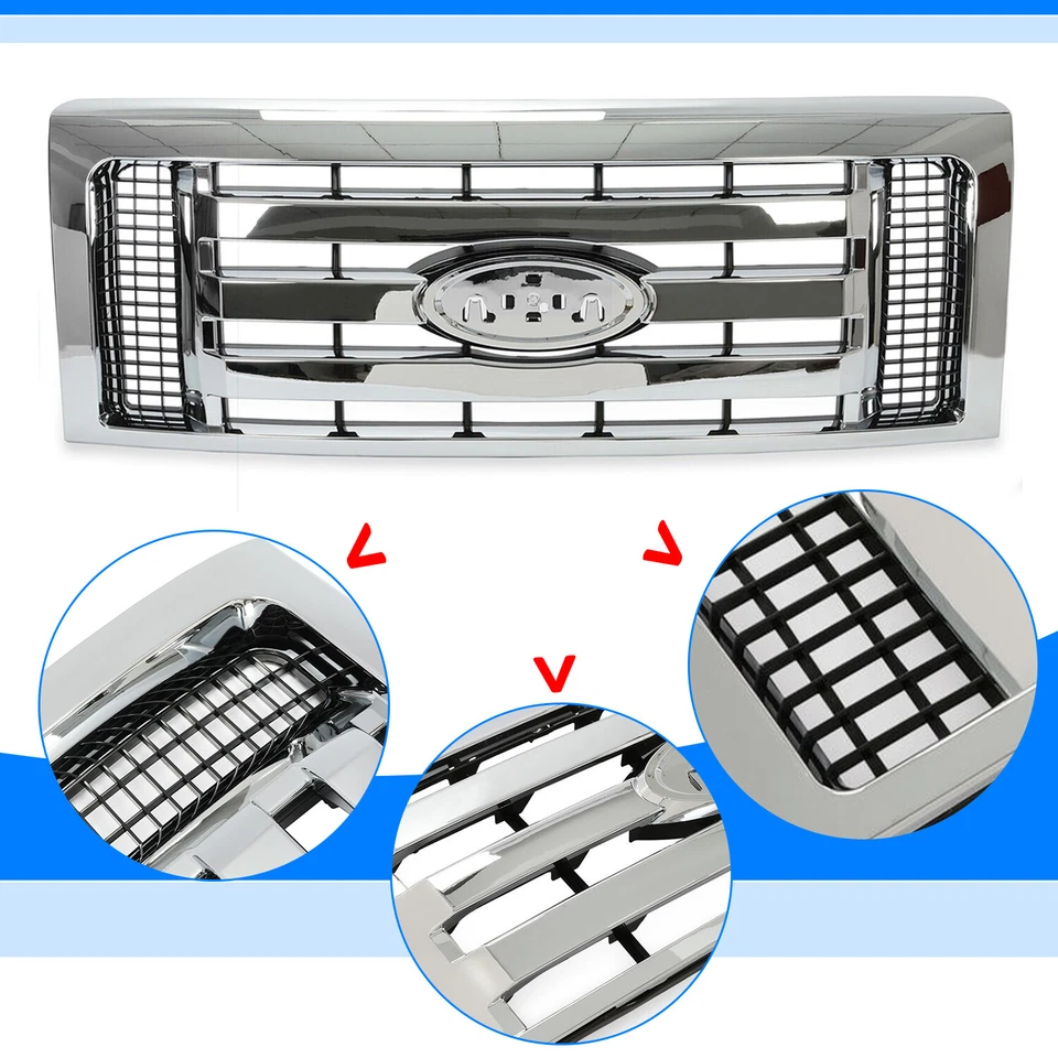 Chrome Grille Shell w/ Black Insert For 2009 2010 2011 2014 Ford F-150 F150 XLT Foto 2 de 4