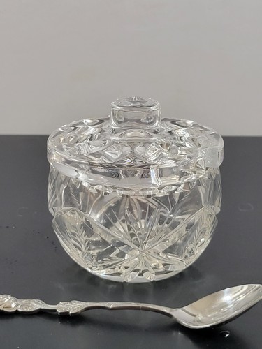 Vintage Cut Crystal StarburstCondiment Bowl w/Lid & Spoon Silvertone Rose Handle - Picture 8 of 16