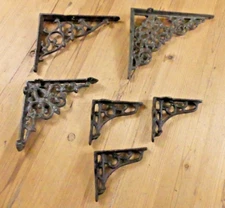6 Shelf Brackets Cast Iron Rustic Welding **READ** ROUGH PATCHES CHIPS STEAMPUNK
