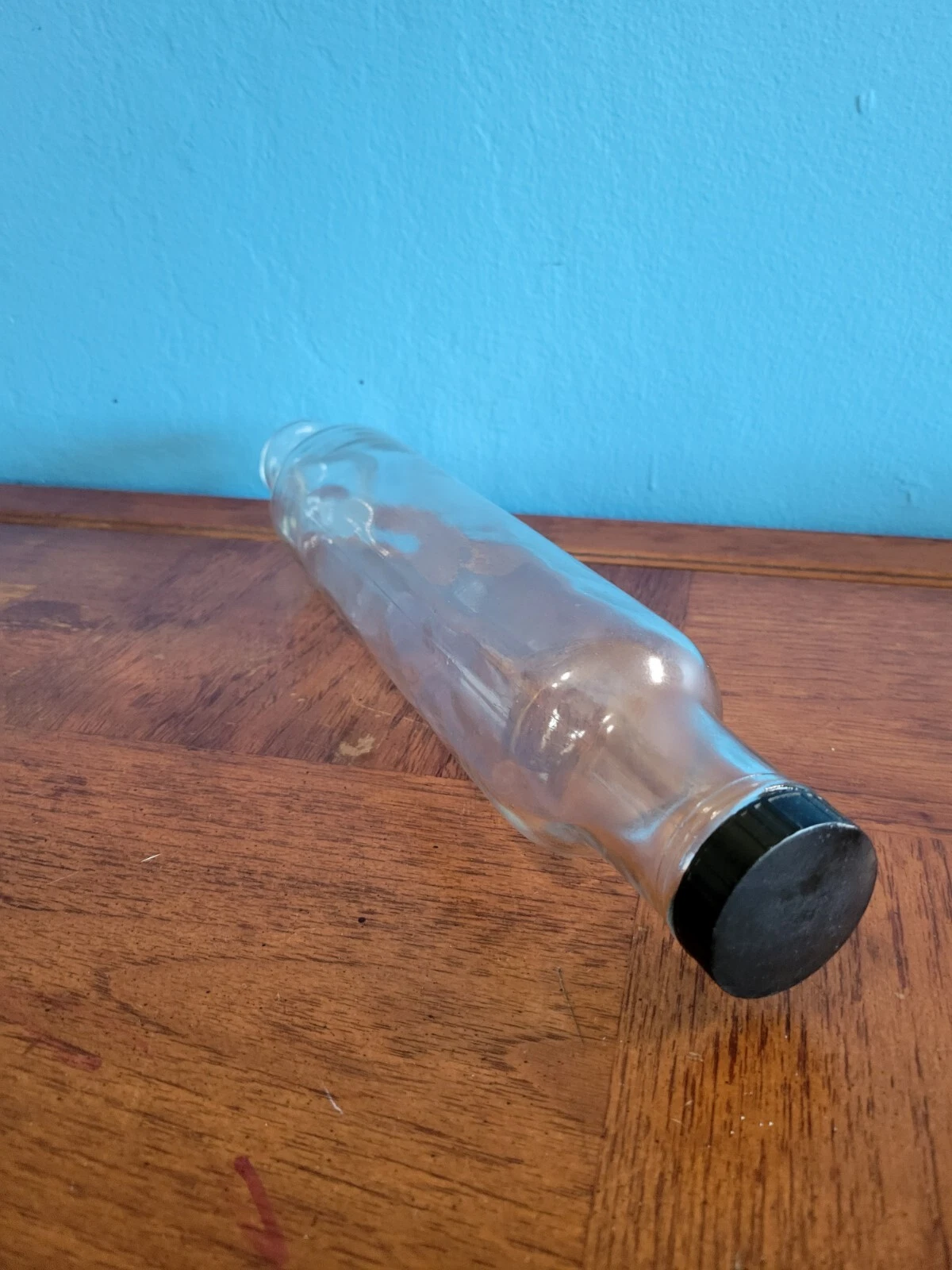 GLASS ROLLING PIN Vintage Clear Optic 14" Black Plastic End Cap Baking Antique