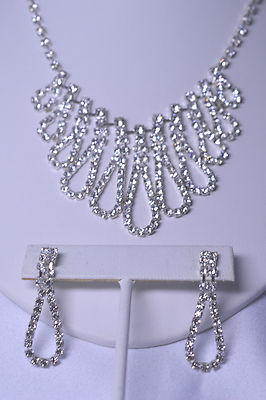 RHINESTONE SET OF MULTIPLE LOOP NECKLACE & MATCHING PIERCED DANGLE EARRINGS
