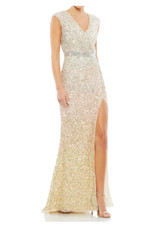 MAC DUGGAL 5489 CAP SLEEVE SEQUIN EMBELLISHED TRUMPET THIGH SLIT NUDE GOWN  sz 6