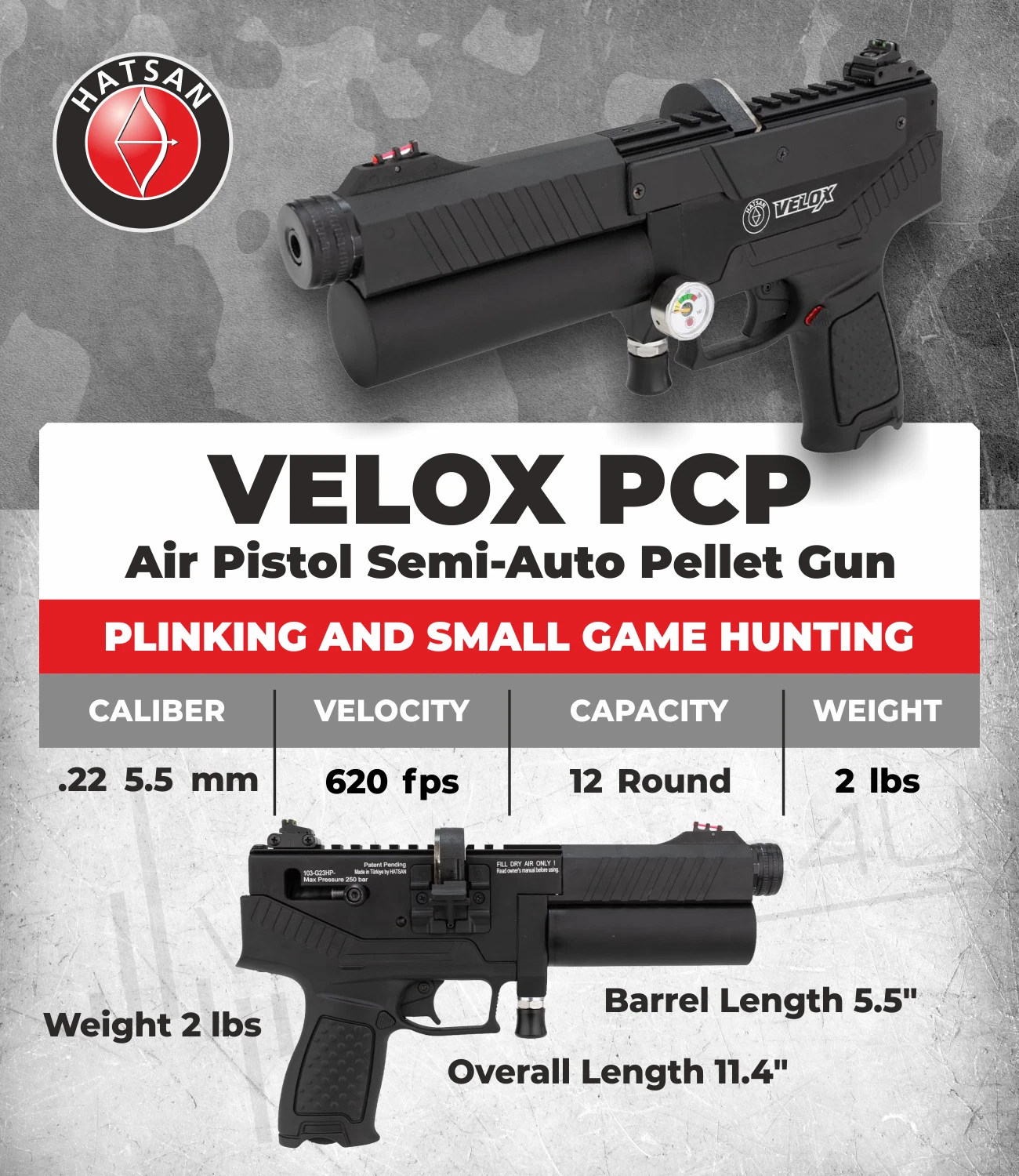 Hatsan Velox .22 Cal Side Bolt Semi-automatic PCP Air Pistol Black