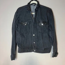 VTG 80s 90s Black Denim Jacket Bomber Faux Leather Detail Men L ?
