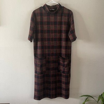 Zara Plaid Midi Shift Dress Womens Large Black Red Short Sleeves Pockets Casual