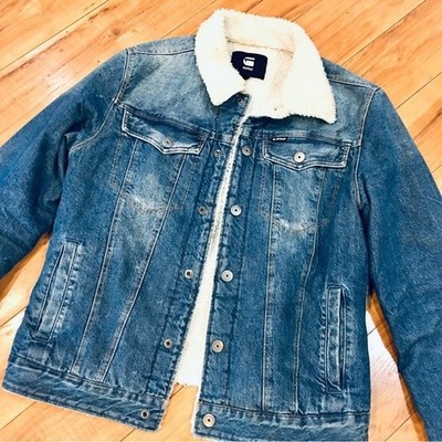 GStar G Star Raw mens  blue denim trucker coat jacket medium winter fleece