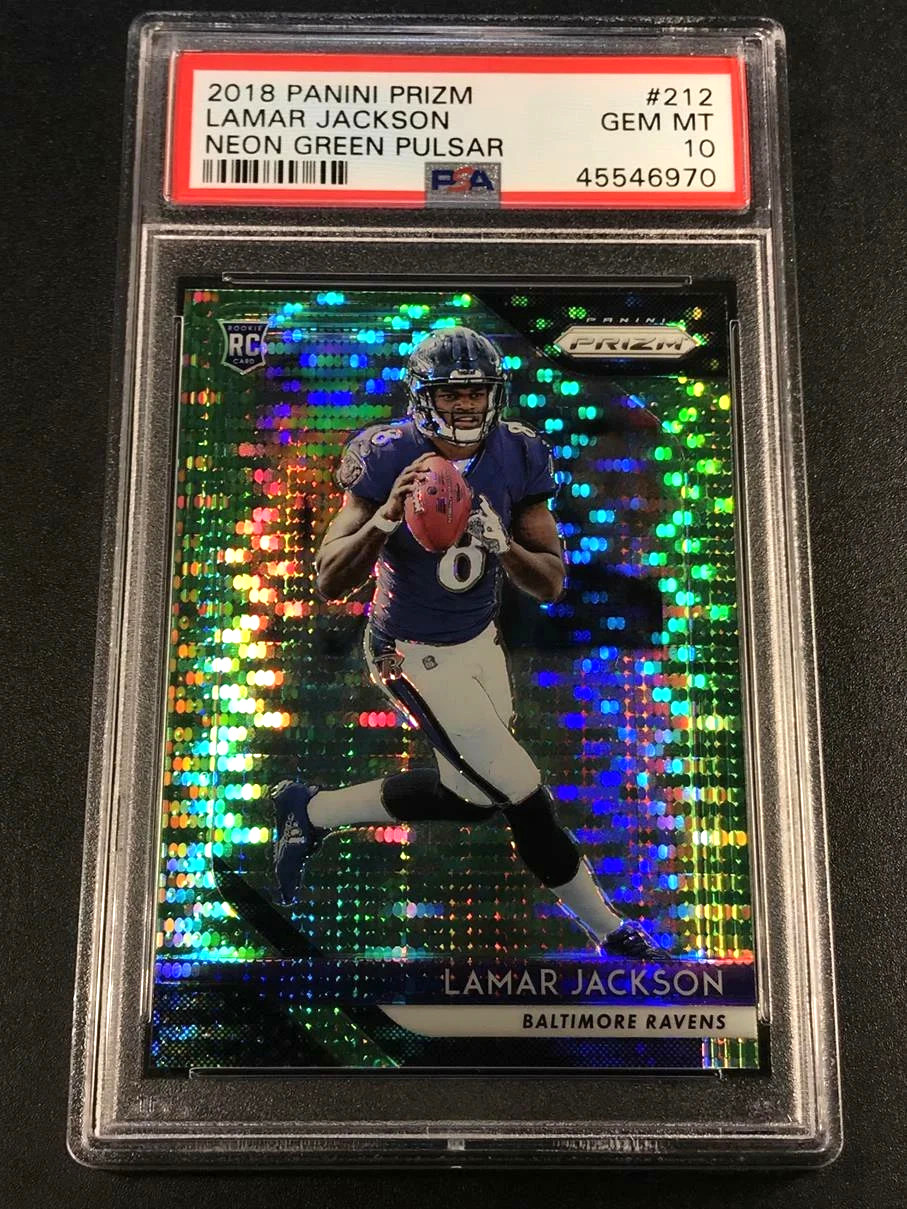 LAMAR JACKSON 2018 PANINI PRIZM #212 NEON GREEN PULSAR PARALLEL ROOKIE RC PSA 10