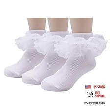 Little Girls Ruffle Lace Trim Cotton Socks Ankle 5-7 Years 3 Pairs,white