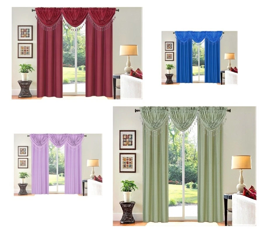 5-Piece Microfiber Blackout Curtain Set w/ 2 Panels and 3 Waterfall Valances R64