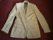 Lauren Ralph Lauren Vintage Tan Jacket Blazer Tweed Plaid Leather Trim Womens 10