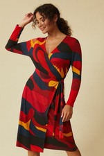 Anne Klein Wrap Dress Sz 10 Multicolor Abstract Long Sleeve V Neck Tie Waist