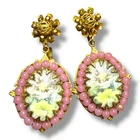 Miriam Haskell Oval Gold-Tone Clip On Earrings W/ Painted Porcelain Flowers