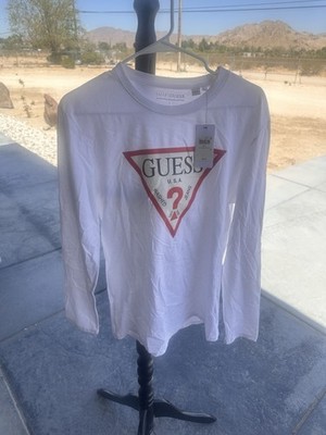 GUESS Women s Slim Fit Logo Tee L Long Sleeve Crew Neck White Organic Cotton