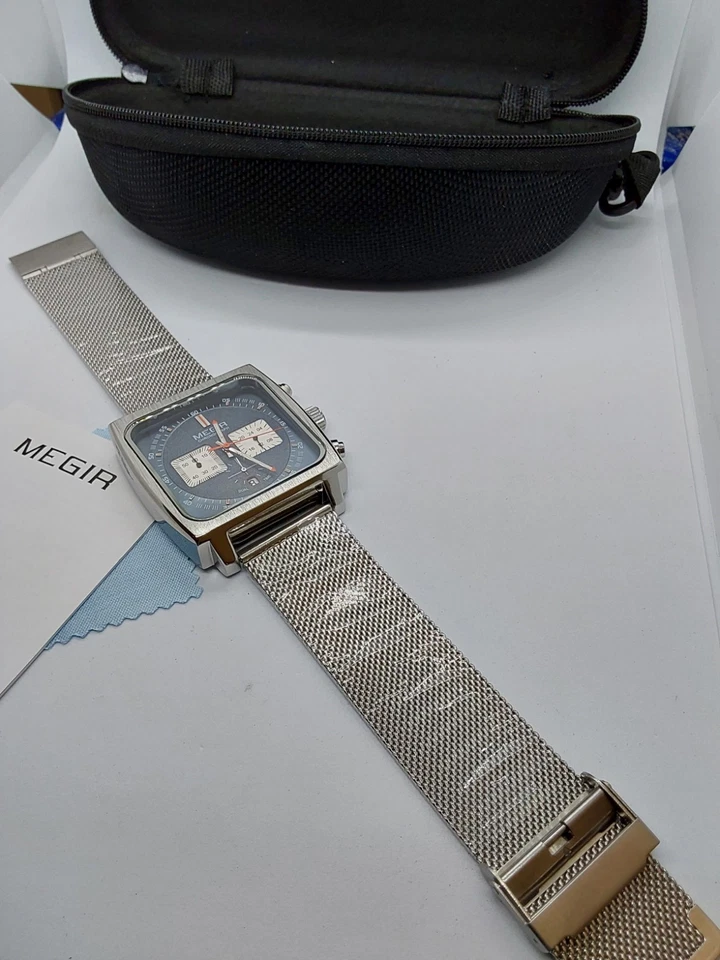 Cronógrafo Cuadrado Cuarzo Megir con Plata Acero Inoxidable Milan Mesche Azul Foto 4 de 4